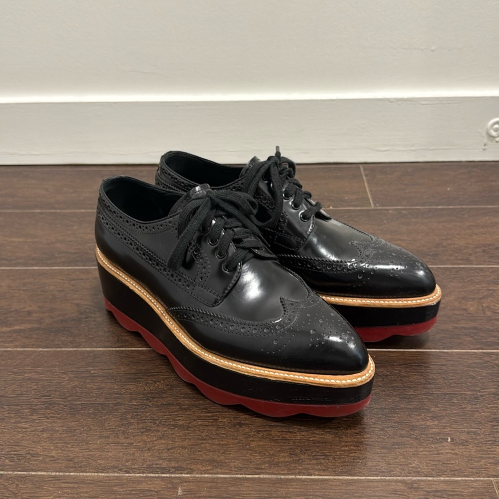 Prada Black Brogue Patent Leather Platform Derby Sneakers